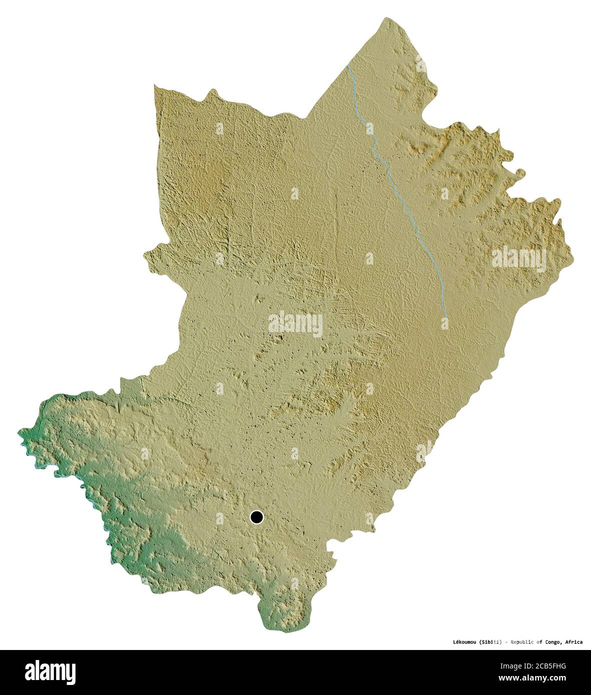 Shape of Lékoumou, region of Republic of Congo, with its capital isolated on white background. Topographic relief map. 3D rendering Stock Photo