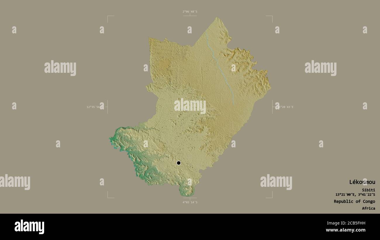 Area of Lékoumou, region of Republic of Congo, isolated on a solid background in a georeferenced bounding box. Labels. Topographic relief map. 3D rend Stock Photo