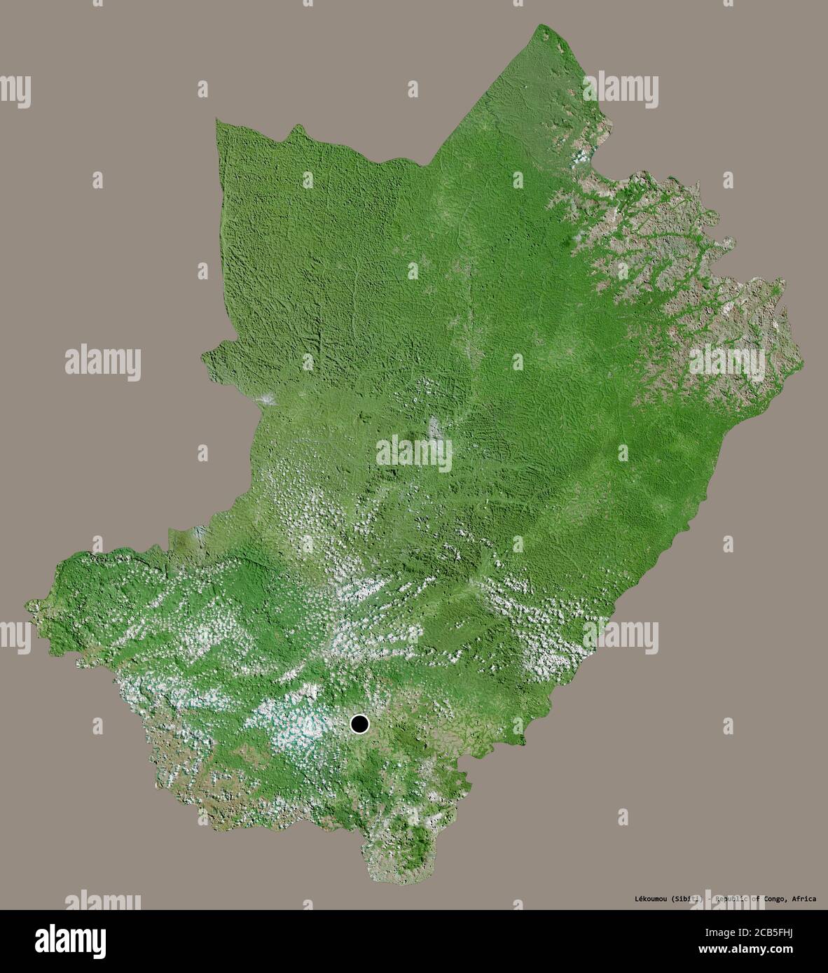 Shape of Lékoumou, region of Republic of Congo, with its capital isolated on a solid color background. Satellite imagery. 3D rendering Stock Photo