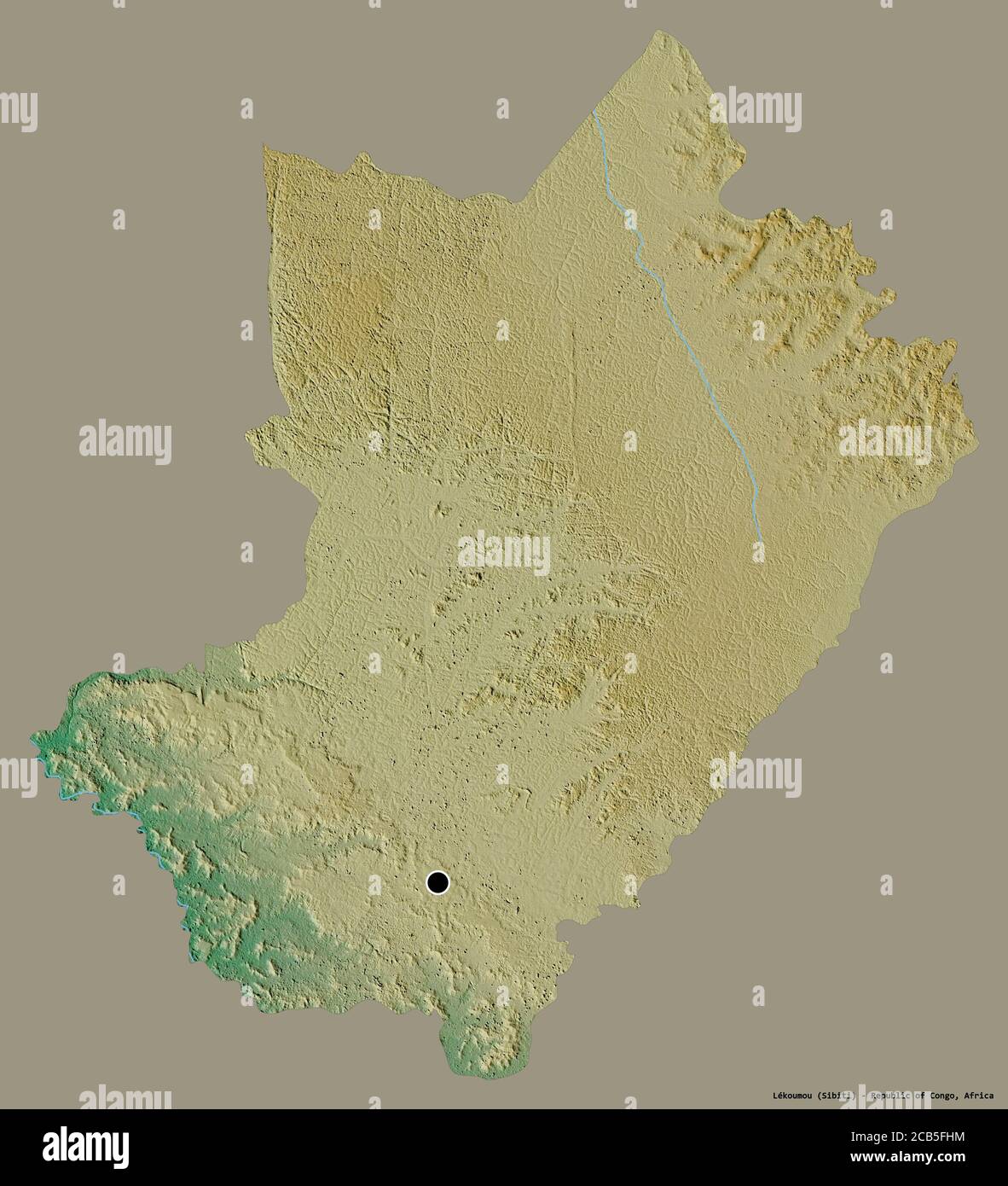 Shape of Lékoumou, region of Republic of Congo, with its capital isolated on a solid color background. Topographic relief map. 3D rendering Stock Photo