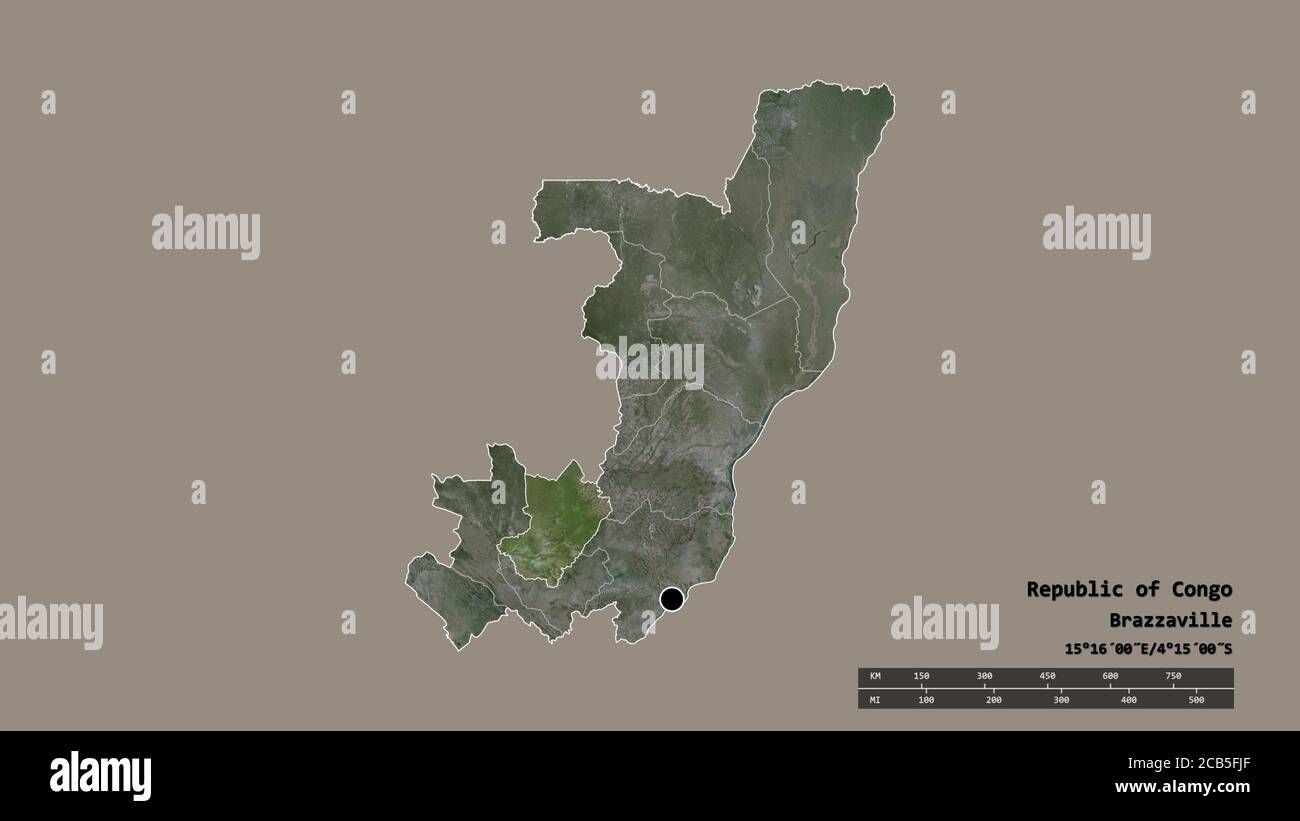 Desaturated shape of Republic of Congo with its capital, main regional division and the separated Lékoumou area. Labels. Satellite imagery. 3D renderi Stock Photo