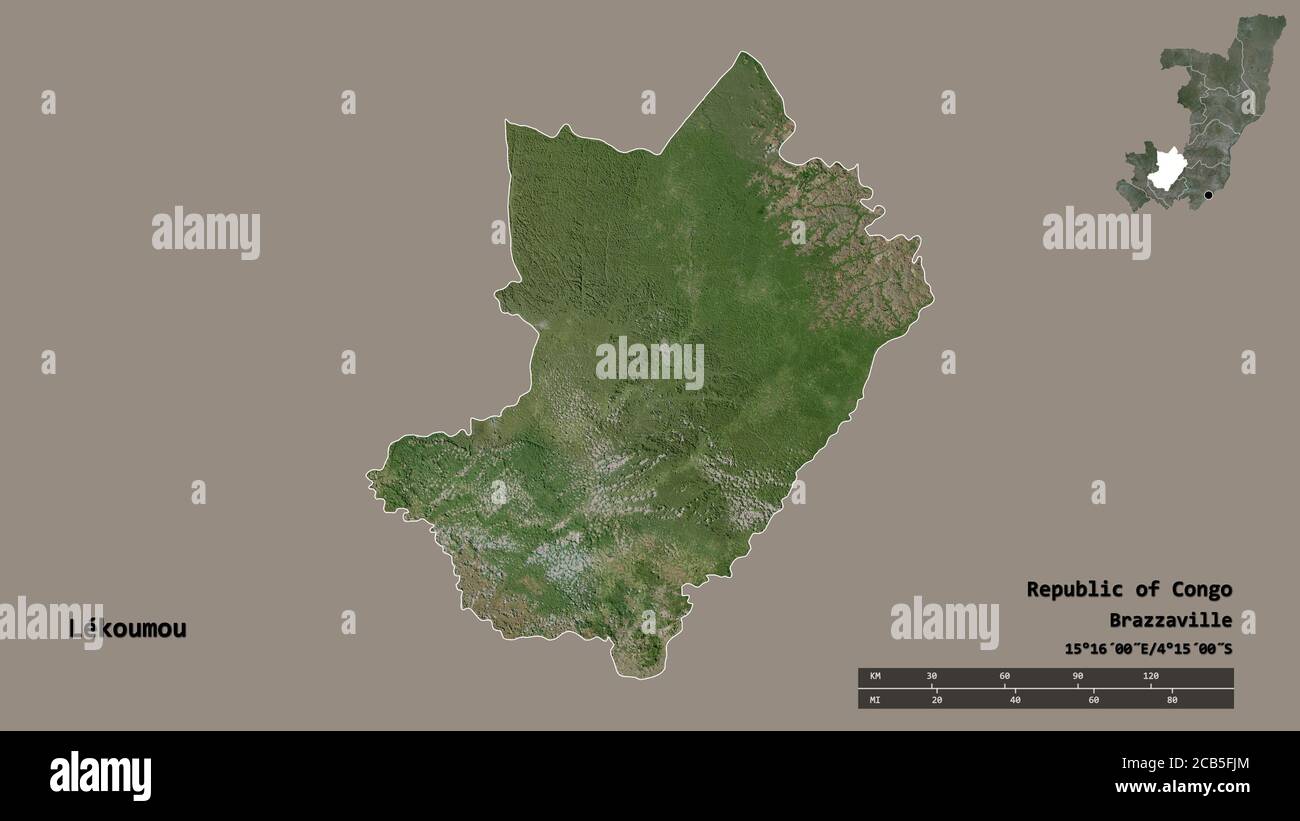 Shape of Lékoumou, region of Republic of Congo, with its capital isolated on solid background. Distance scale, region preview and labels. Satellite im Stock Photo