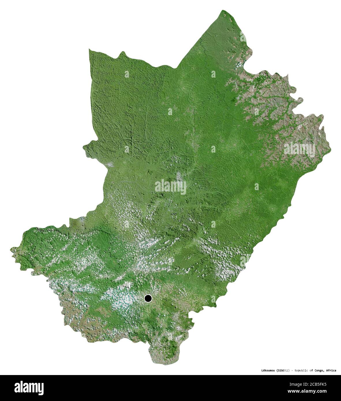 Shape of Lékoumou, region of Republic of Congo, with its capital isolated on white background. Satellite imagery. 3D rendering Stock Photo