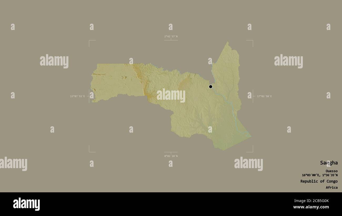 Area of Sangha, region of Republic of Congo, isolated on a solid background in a georeferenced bounding box. Labels. Topographic relief map. 3D render Stock Photo