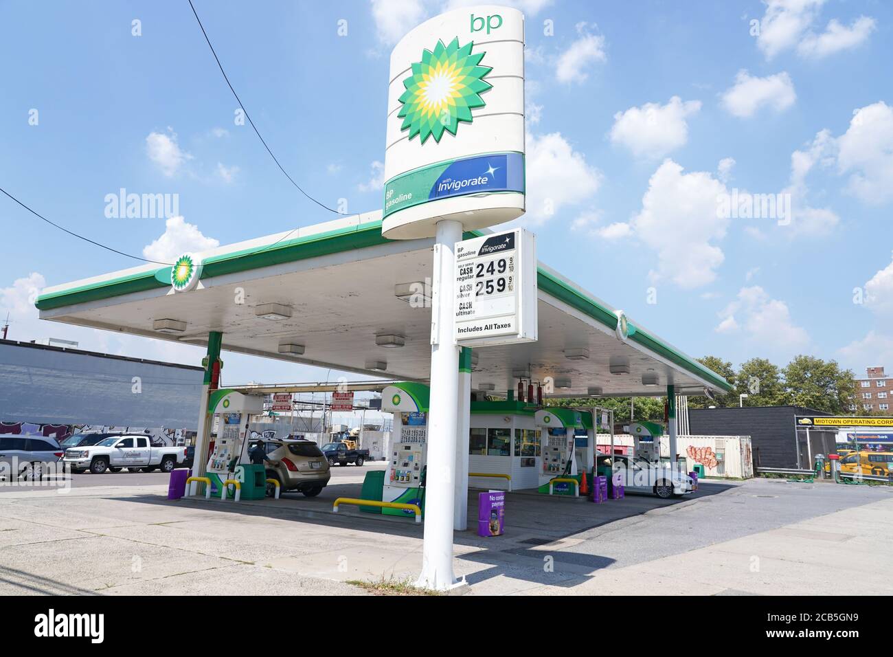 New York, United States. 10th Aug, 2020. A view of BP gas stations in Queens Borough of New York