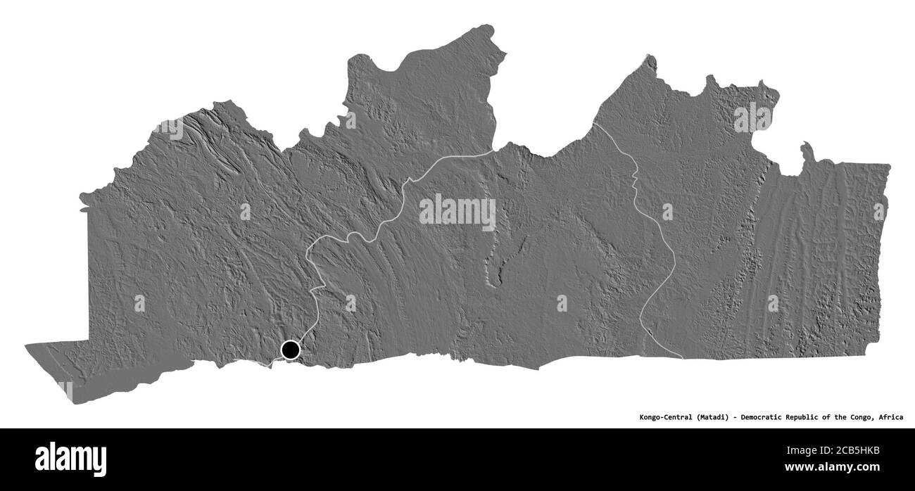 Shape of Kongo-Central, province of Democratic Republic of the Congo, with its capital isolated on white background. Bilevel elevation map. 3D renderi Stock Photo