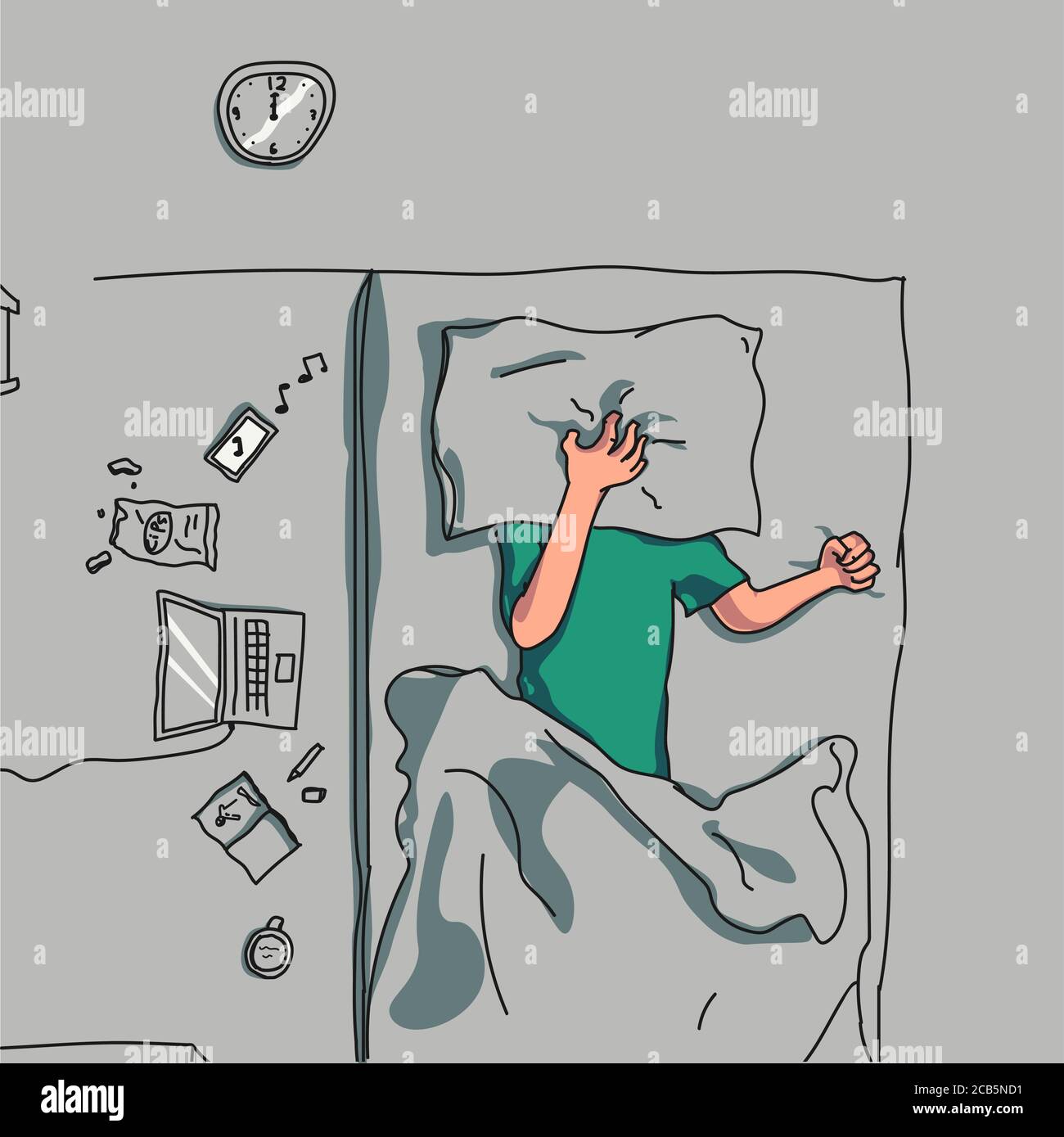 vector of annoyed people cover their faces with pillows, on the mattress Stock Vector