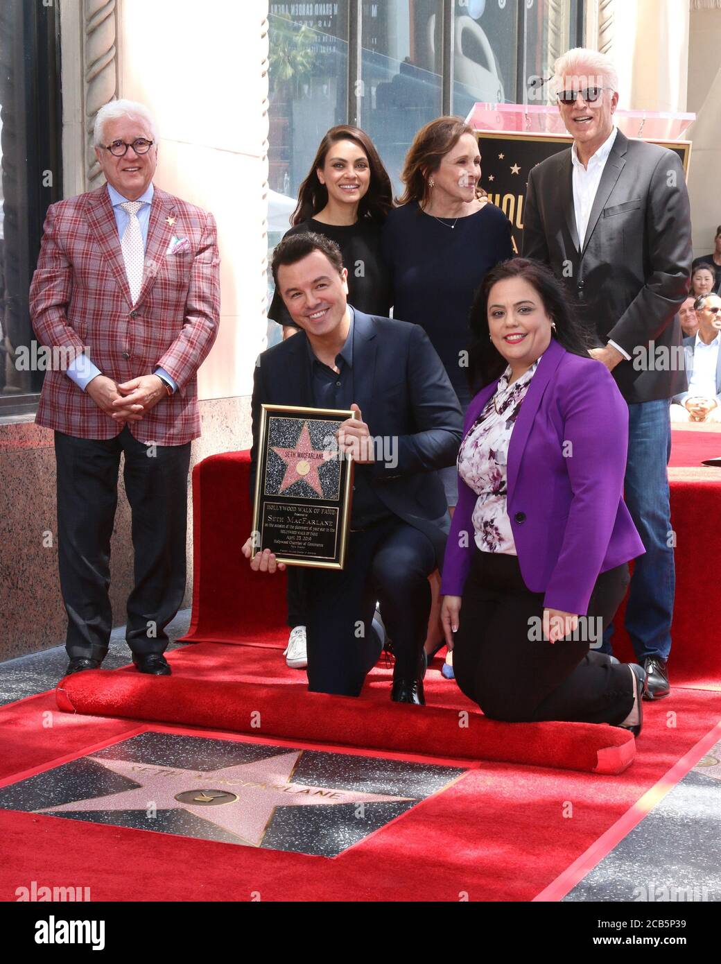 LOS ANGELES - APR 23:  Vin Di Bona, Mila Kunis, Seth MacFarlane, Ted Danson, Ann Druyan, Rana Ghadban at the Seth MacFarlane Star Ceremony on the Hollywood Walk of Fame on April 23, 2019 in Los Angeles, CA Stock Photo