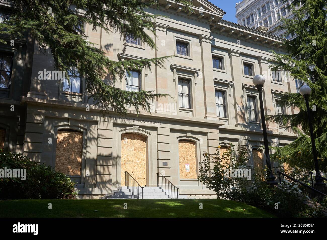 The boarded-up Pioneer Courthouse building in downtown Portland amid the ongoing BLM protest, seen on Wednesday, August 5, 2020. Stock Photo