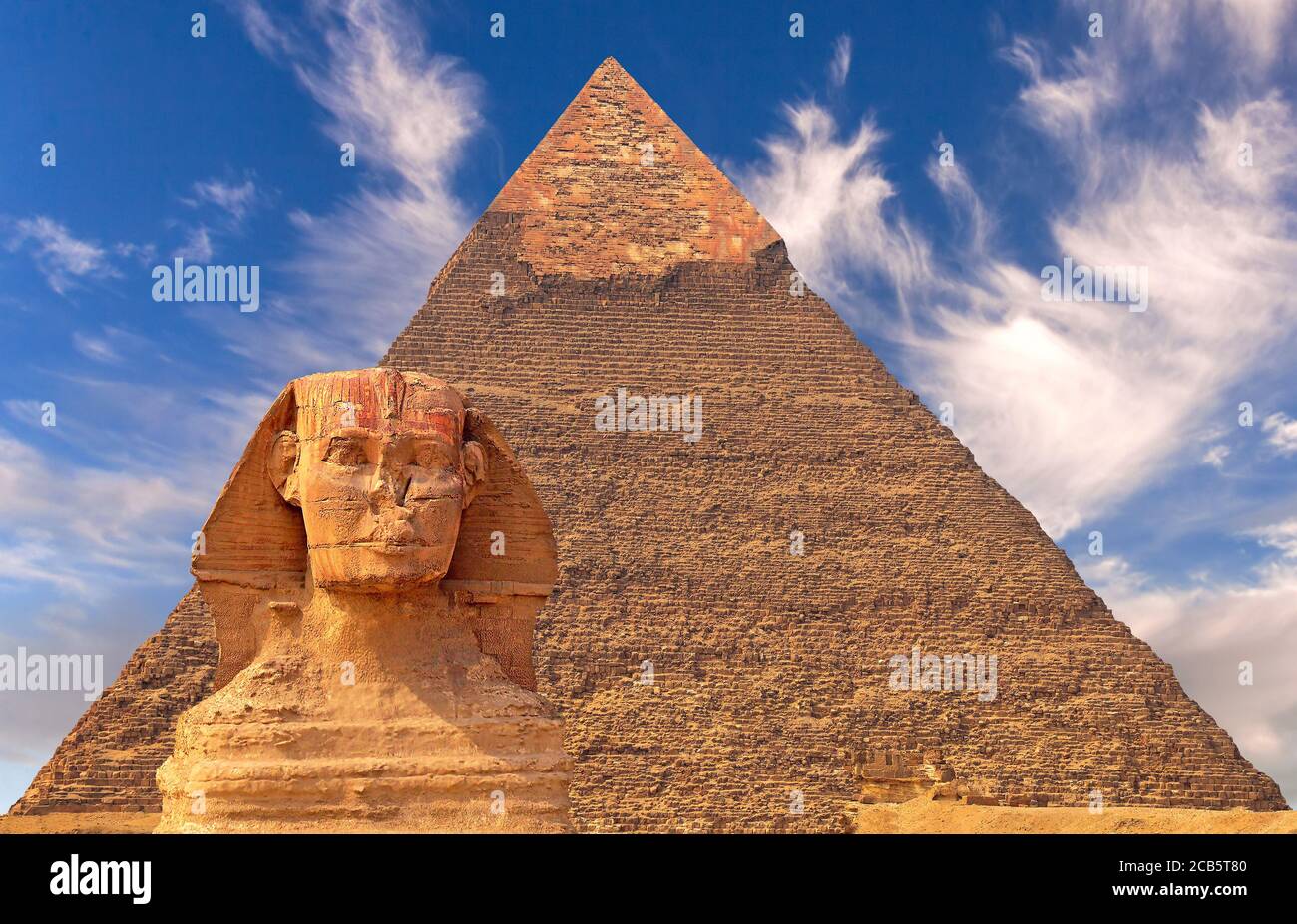 Giant statue of Great Sphinx on the background of the oldest and