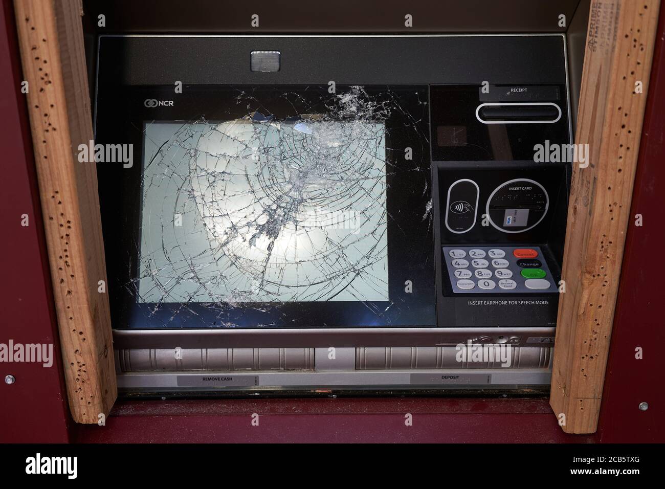 A damaged ATM machine is seen at a Wells Fargo Bank in downtown Portland, Oregon, on Wednesday, August 5, 2020, amid the ongoing BLM protest. Stock Photo