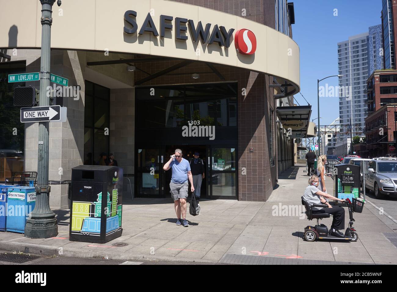 A Safeway supermarket in the Pearl District in Portland, Oregon, on Wednesday, August 5, 2020, during a pandemic summer. Stock Photo