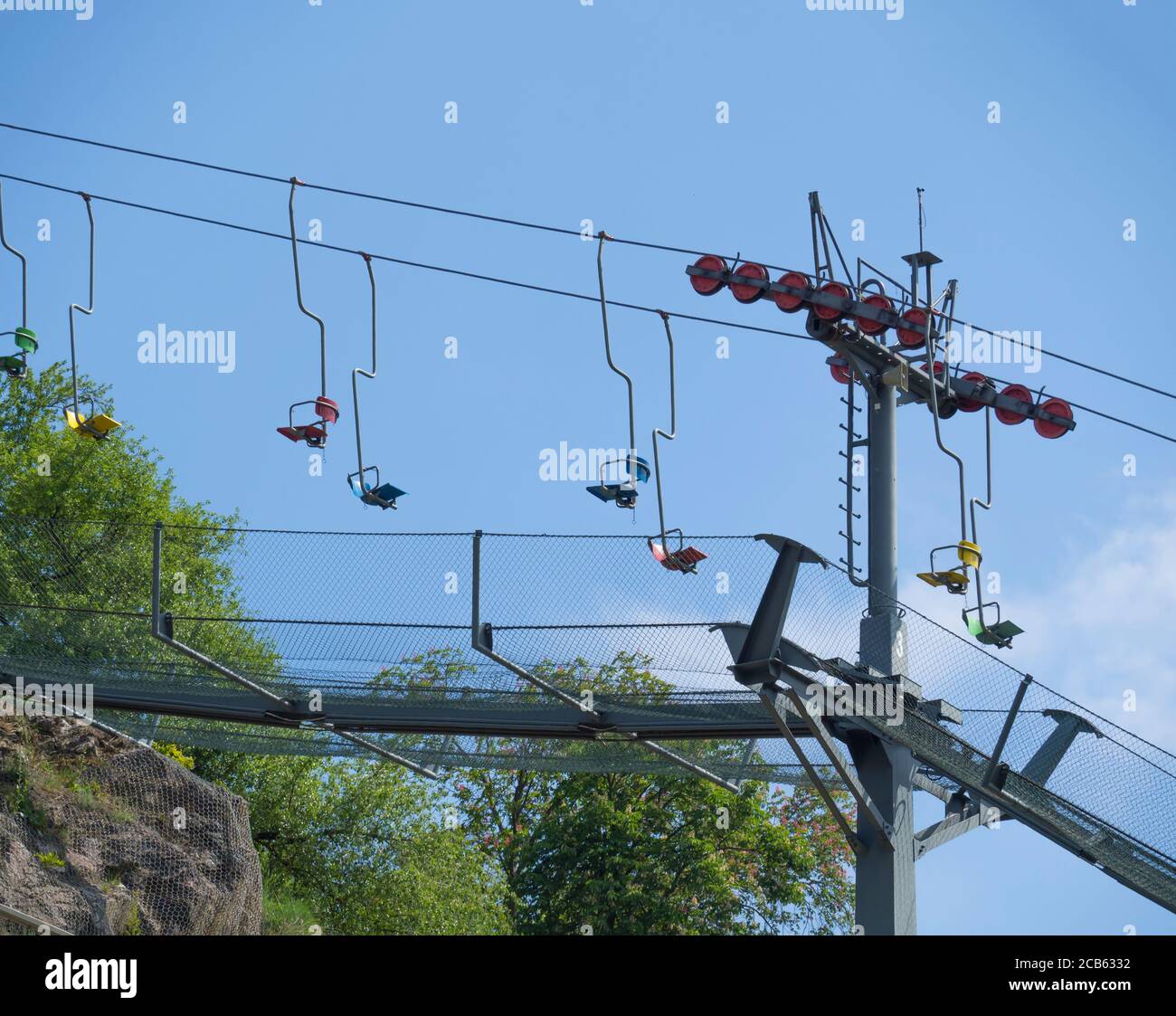 Empty colorful old chair lift, funicular, in Prague ZOO and cable car