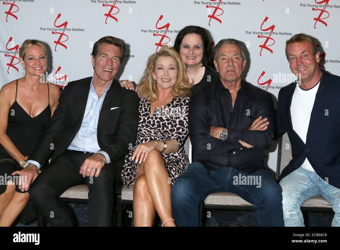 LOS ANGELES - JUN 23:  Sharon Case, Peter Bergman, Melody Thomas Scott, Cathy Tomas, Eric Braeden, Doug Davidson at the Young and The Restless Fan Club Luncheon at the Marriott Burbank Convention Center on June 23, 2019 in Burbank, CA Stock Photo