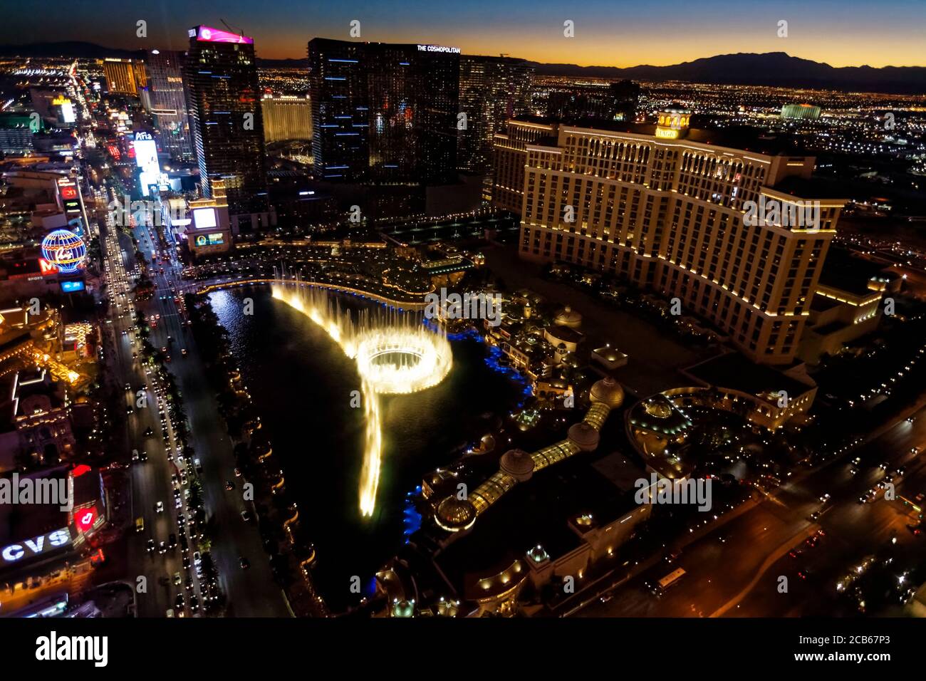 Bellagio & Paris Casino etc Aerial at Sunset Modern Postcard Las Vegas Nevada 
