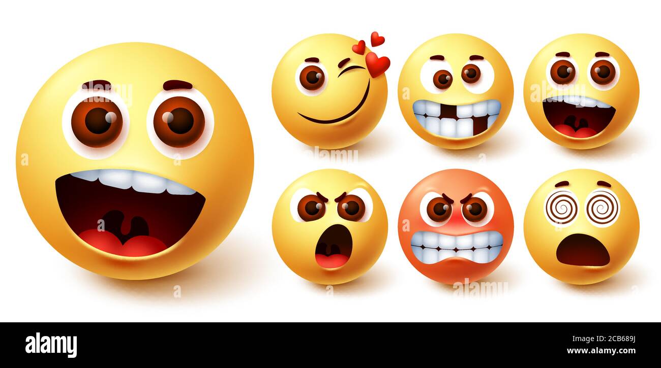 Smiley emoticon vector set. Smileys emoji faces in different facial expressions and feelings like surprise, in love, happy, mad, angry and dizzy Stock Vector