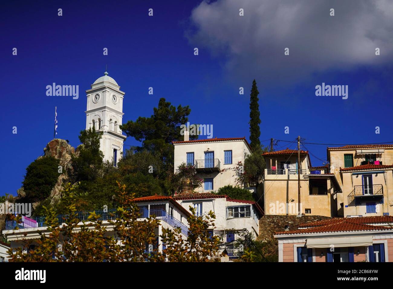 townscape of Poros a small Greek island-pair in the southern part of the Saronic Gulf, Greece Stock Photo
