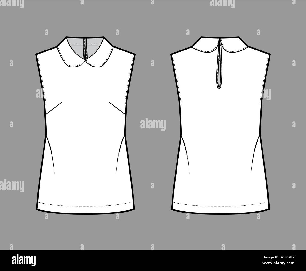 Round collar blouse technical fashion illustration with loose silhouette, sleeveless, back button-fastening keyhole. Flat shirt apparel template front back white color. Women men unisex top CAD mockup Stock Vector