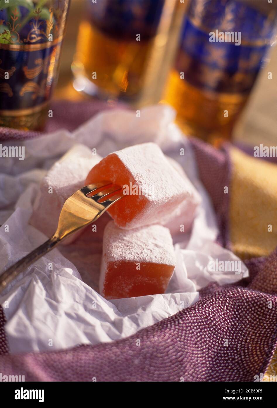 Turkish Delight speared on a fork Stock Photo