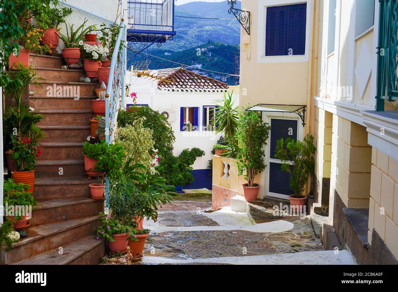 townscape of Poros a small Greek island-pair in the southern part of the Saronic Gulf, Greece Stock Photo