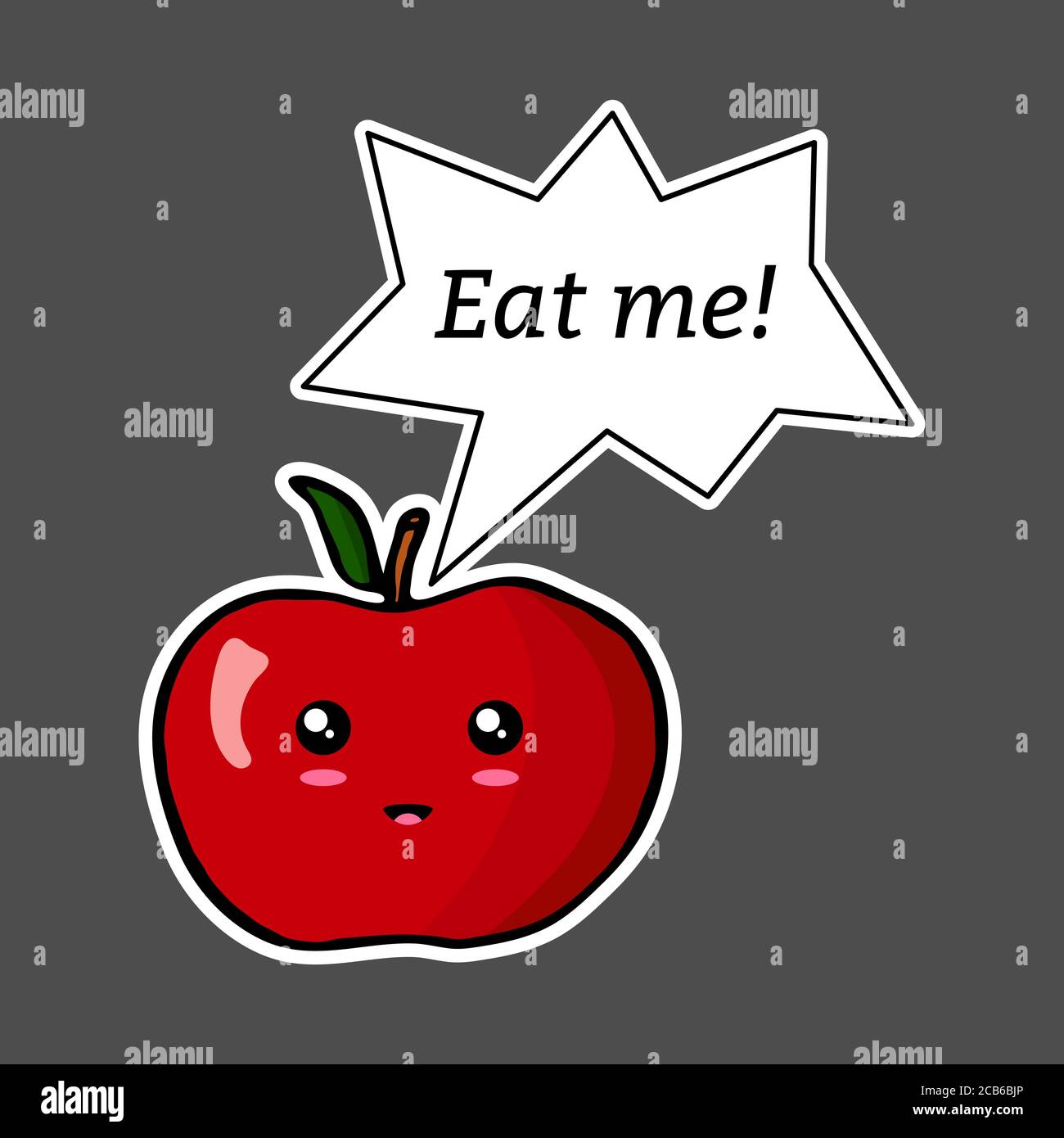 Kawaii sticker colorful cartoon apple with speech bubble ‘Eat me!’. Vector illustration isolated on dark background. Stock Vector