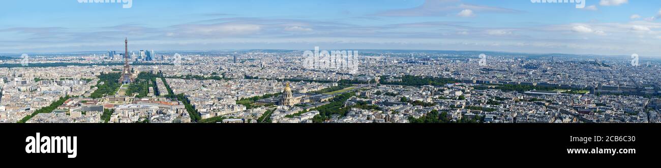 Paris aerial high resolution cityscape from Eiffel tower to Palais Royal. Stock Photo