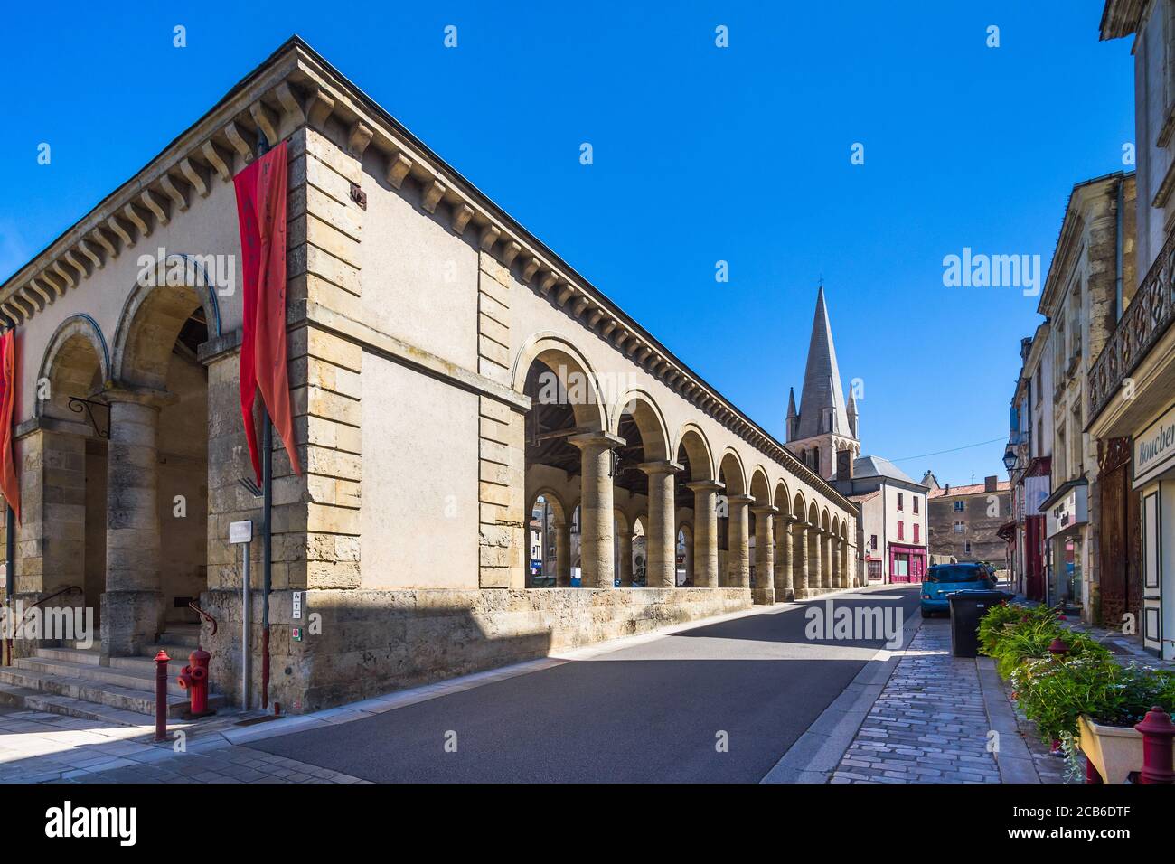 Exterior of old stone built covered market hall in Airvault, Deux-Sèvres, France. Stock Photo