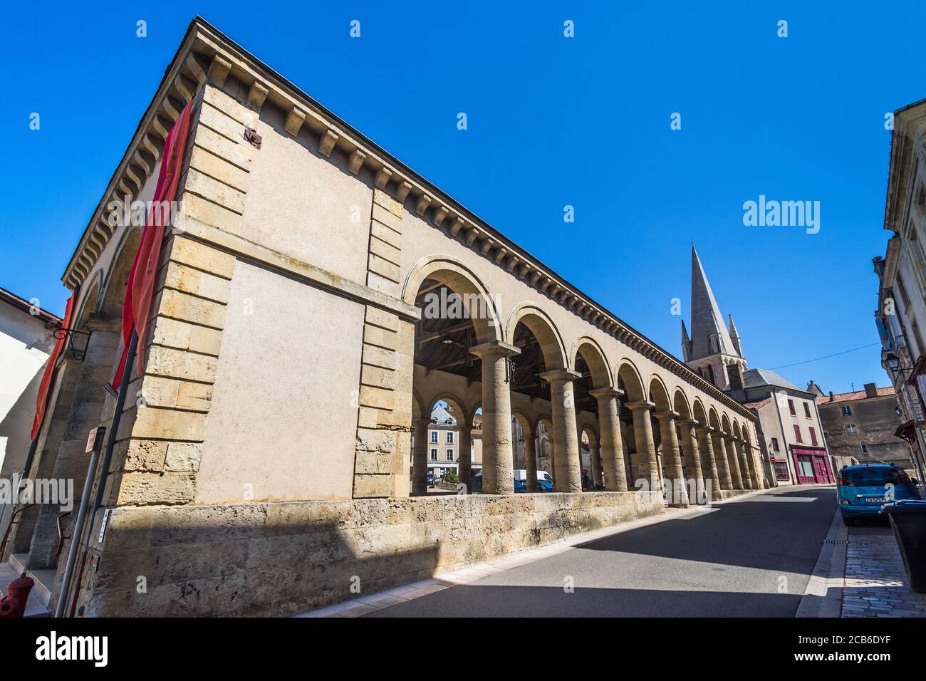 Exterior of old stone built covered market hall in Airvault, Deux-Sèvres, France. Stock Photo