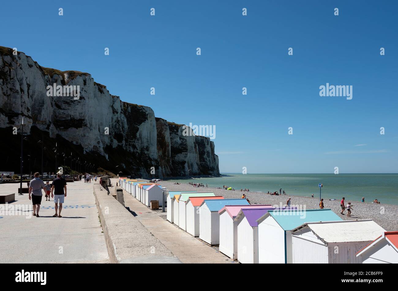 beach and huts at Le Tréport in french normandy on hot summer day Stock Photo