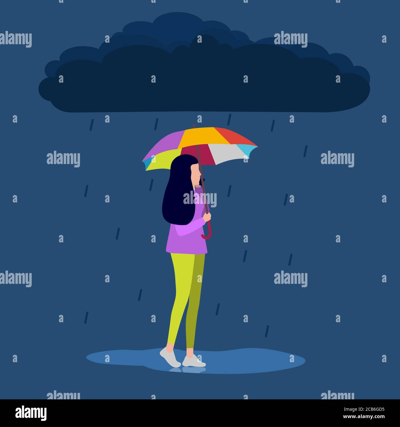 woman is talking on the phone and walking down the street in the rain. Vector illustration, flat design. Stock Vector