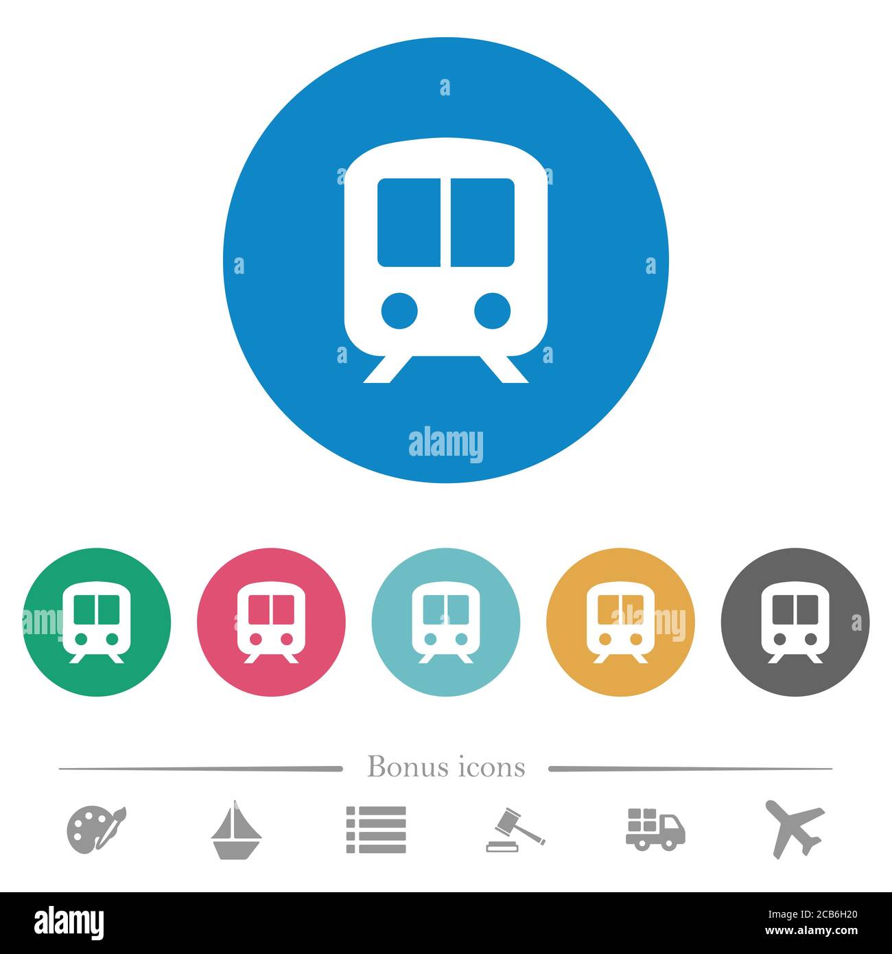 Train flat white icons on round color backgrounds. 6 bonus icons ...