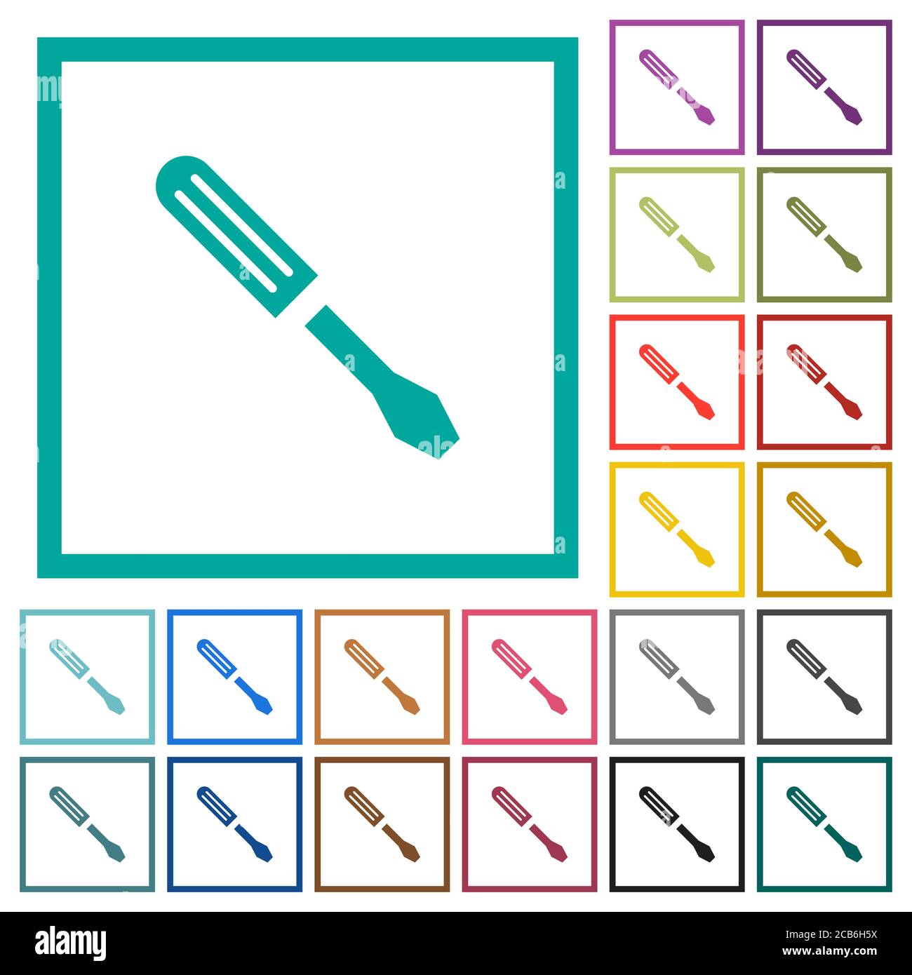 Single screwdriver flat color icons with quadrant frames on white ...