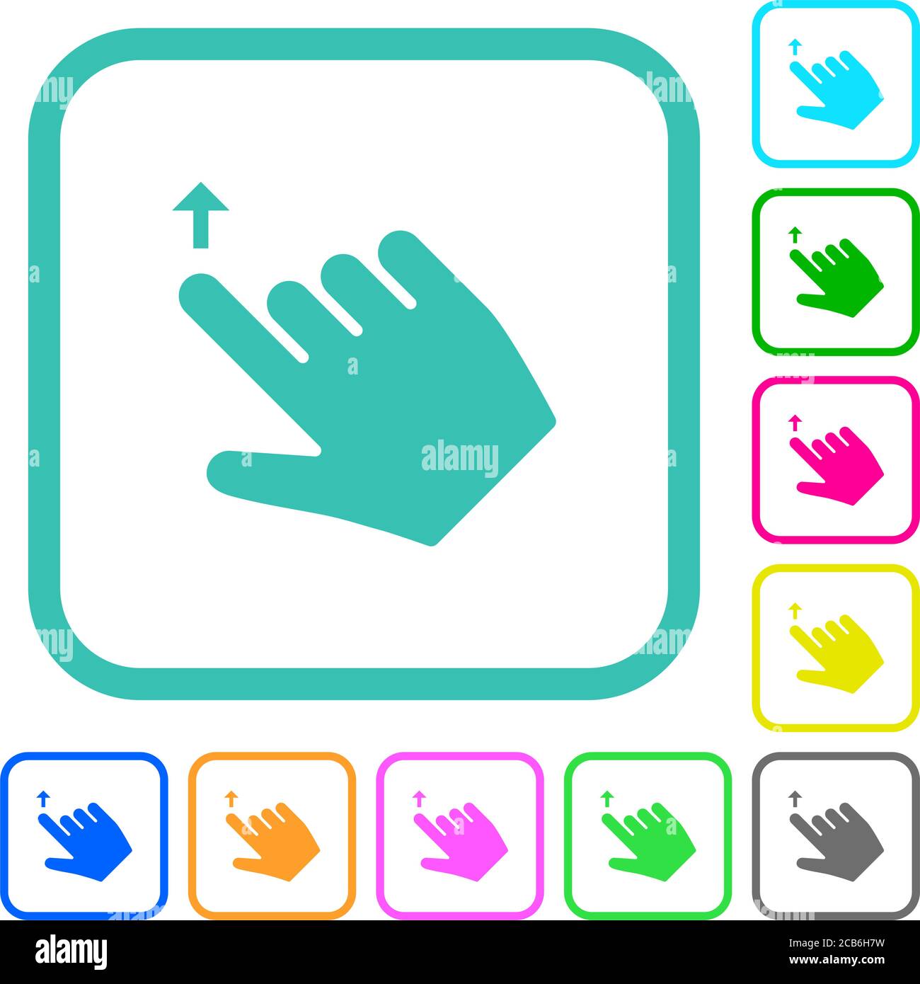 Right handed move up gesture vivid colored flat icons in curved borders on white background