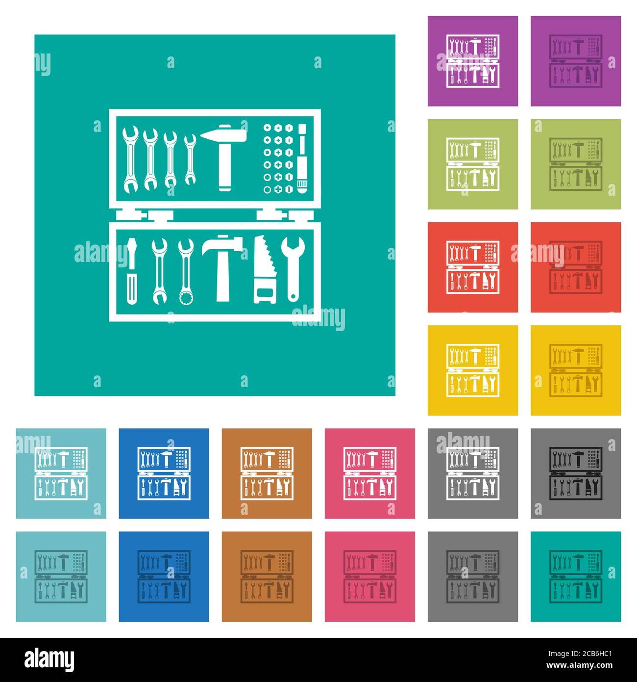 Open toolbox multi colored flat icons on plain square backgrounds. Included white and darker icon variations for hover or active effects. Stock Vector