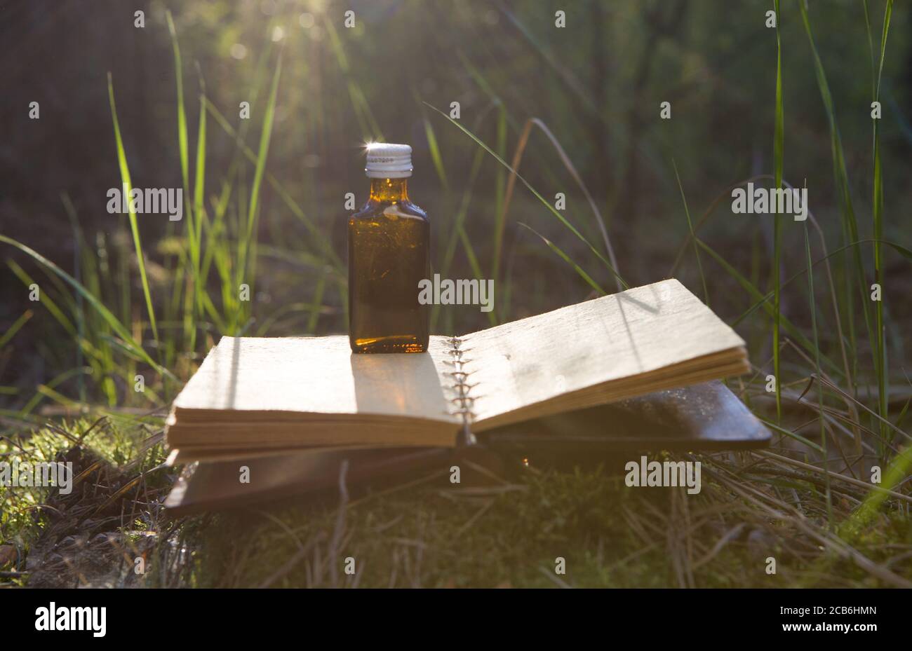 Mystic still life with old book, bottles Stock Photo Alamy