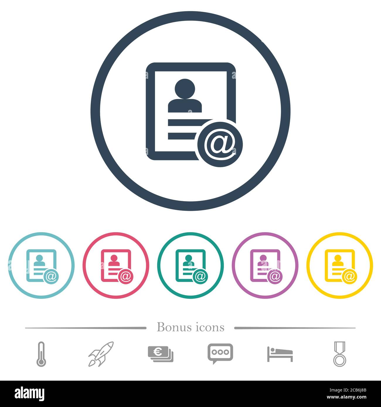 Contact email flat color icons in round outlines. 6 bonus icons ...