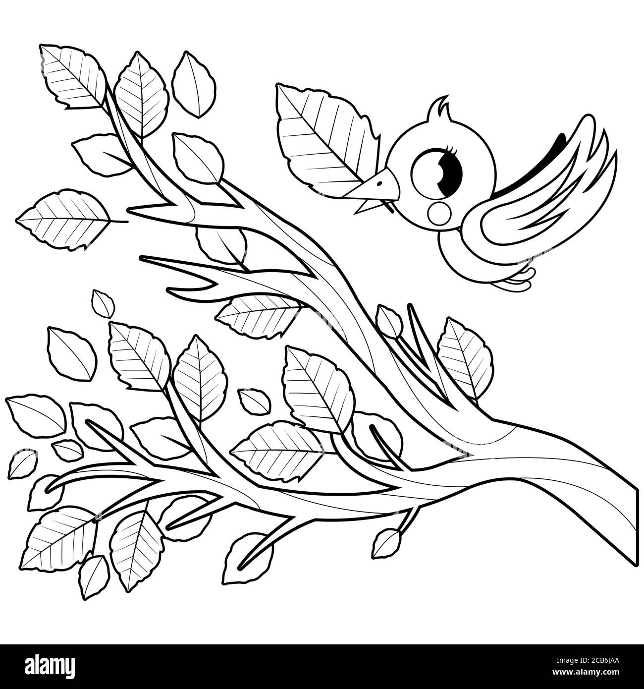 Bird in Autumn flying and tree branch with dry leaves. Black and white coloring page Stock Photo