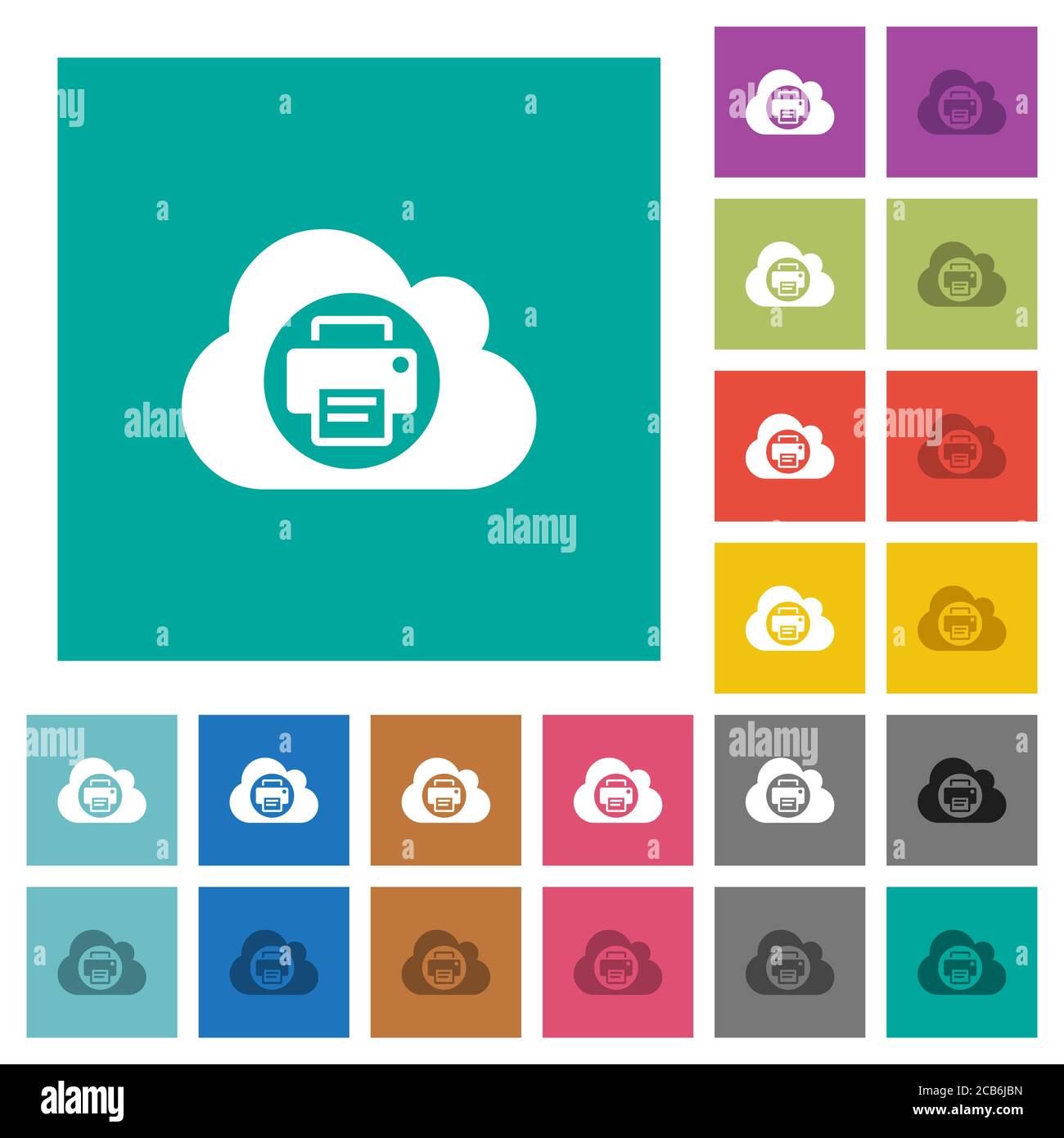 Cloud printing multi colored flat icons on plain square backgrounds. Included white and darker icon variations for hover or active effects. Stock Vector