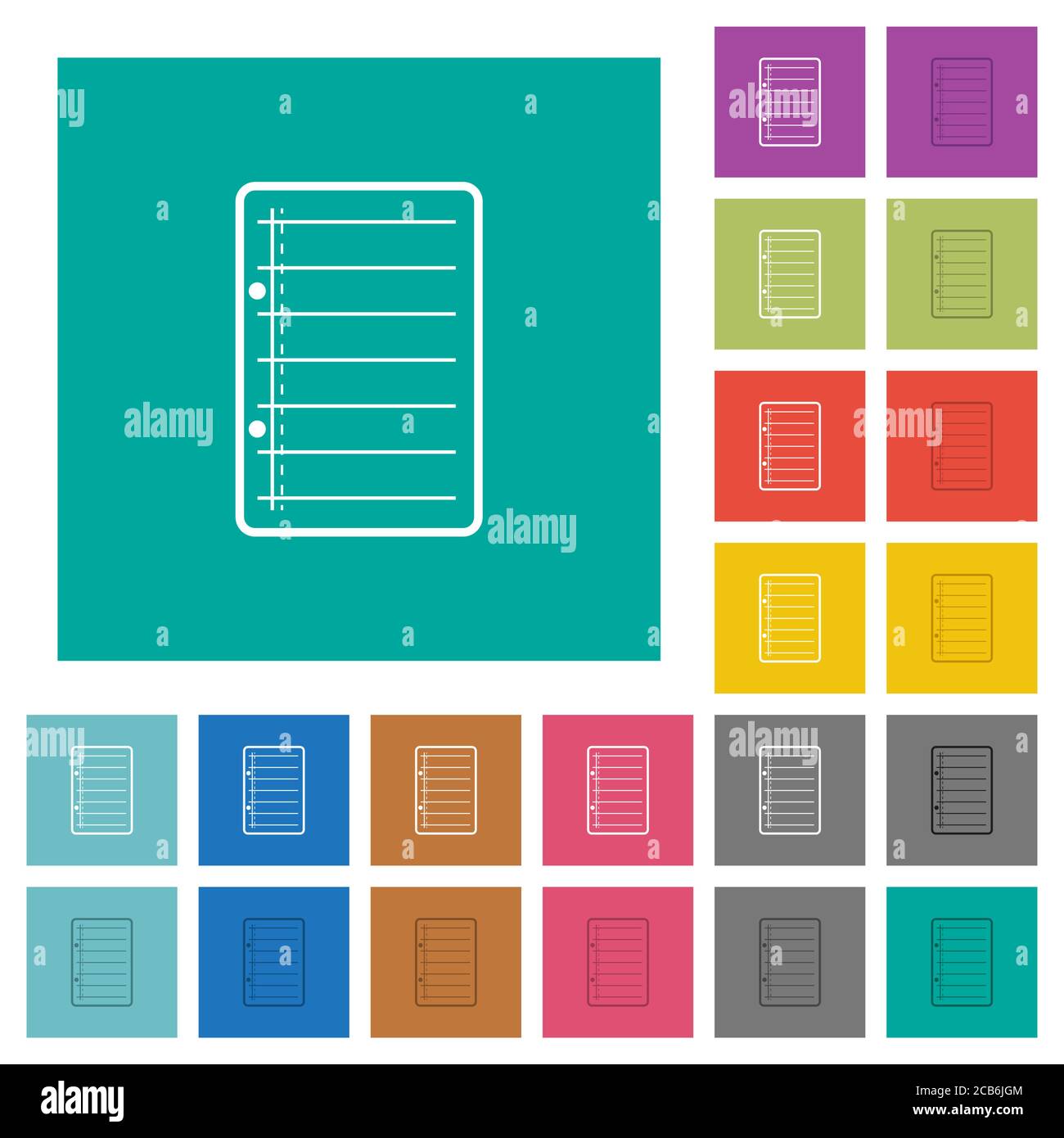 Scratch pad multi colored flat icons on plain square backgrounds. Included white and darker icon variations for hover or active effects. Stock Vector