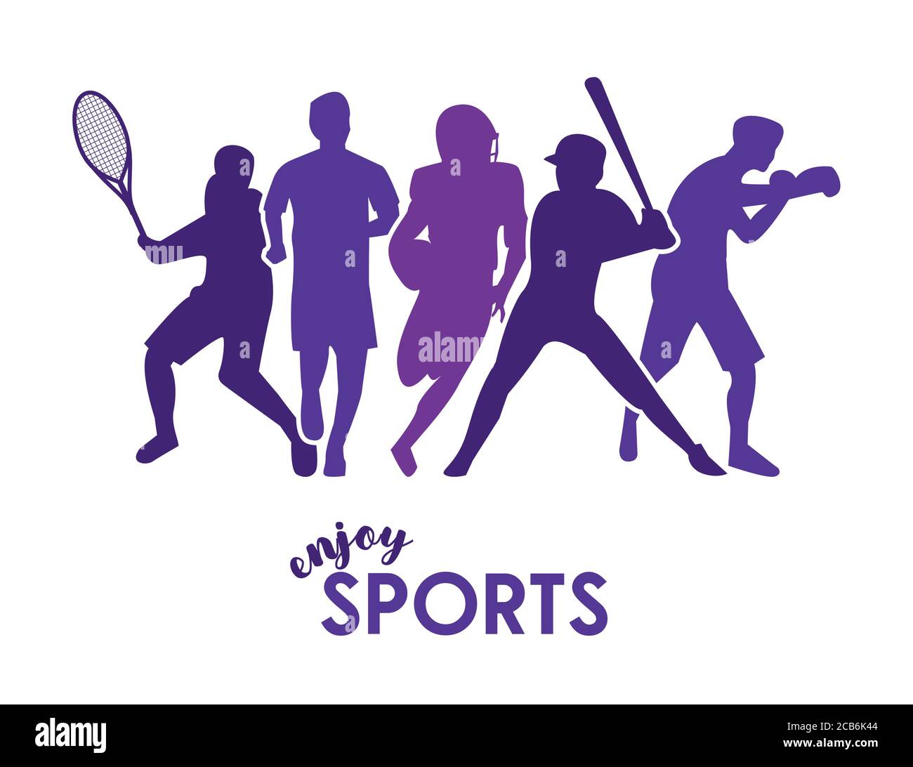 sports time poster with purple athletes silhouettes vector illustration