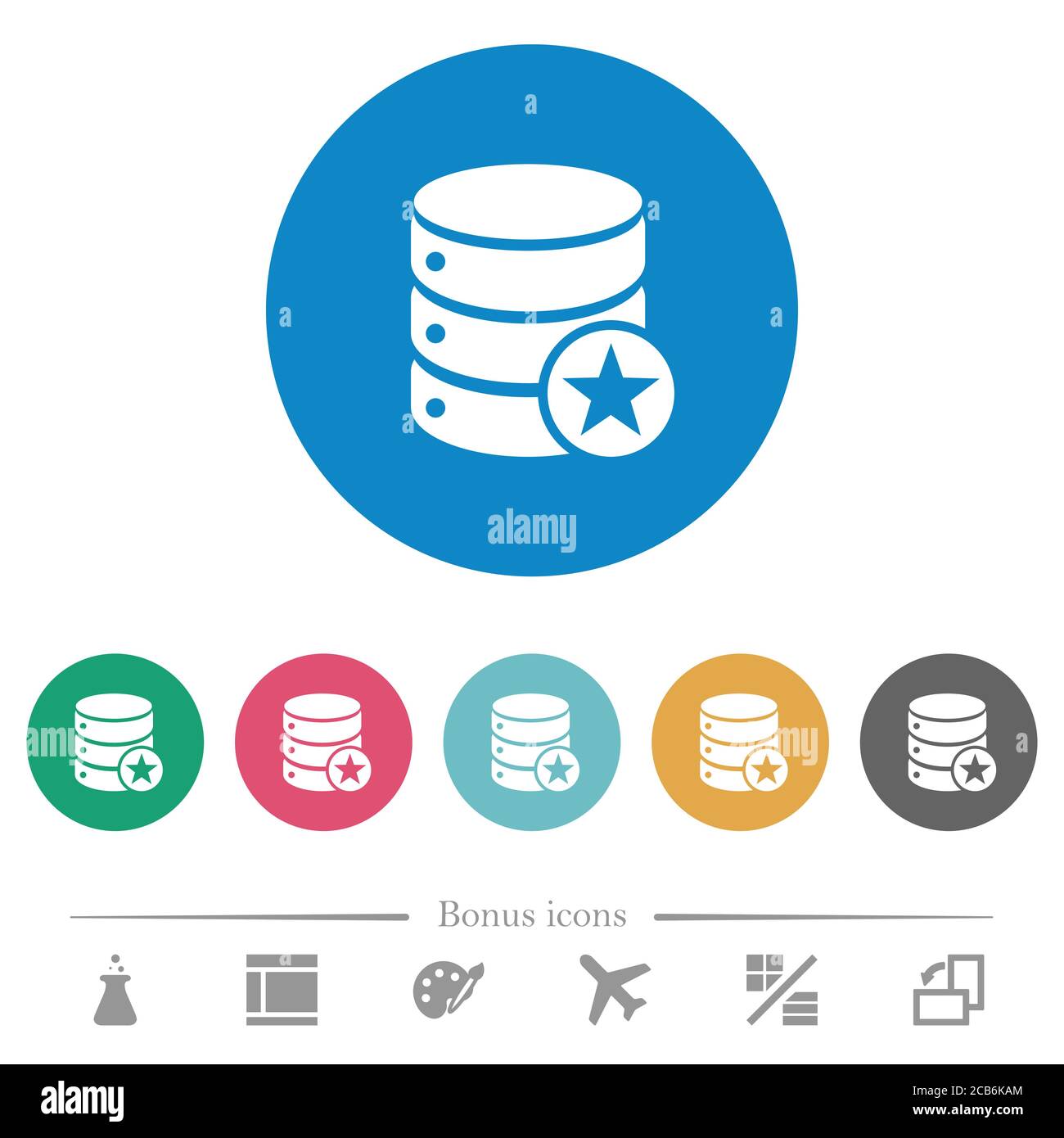 Marked database flat white icons on round color backgrounds. 6 bonus ...