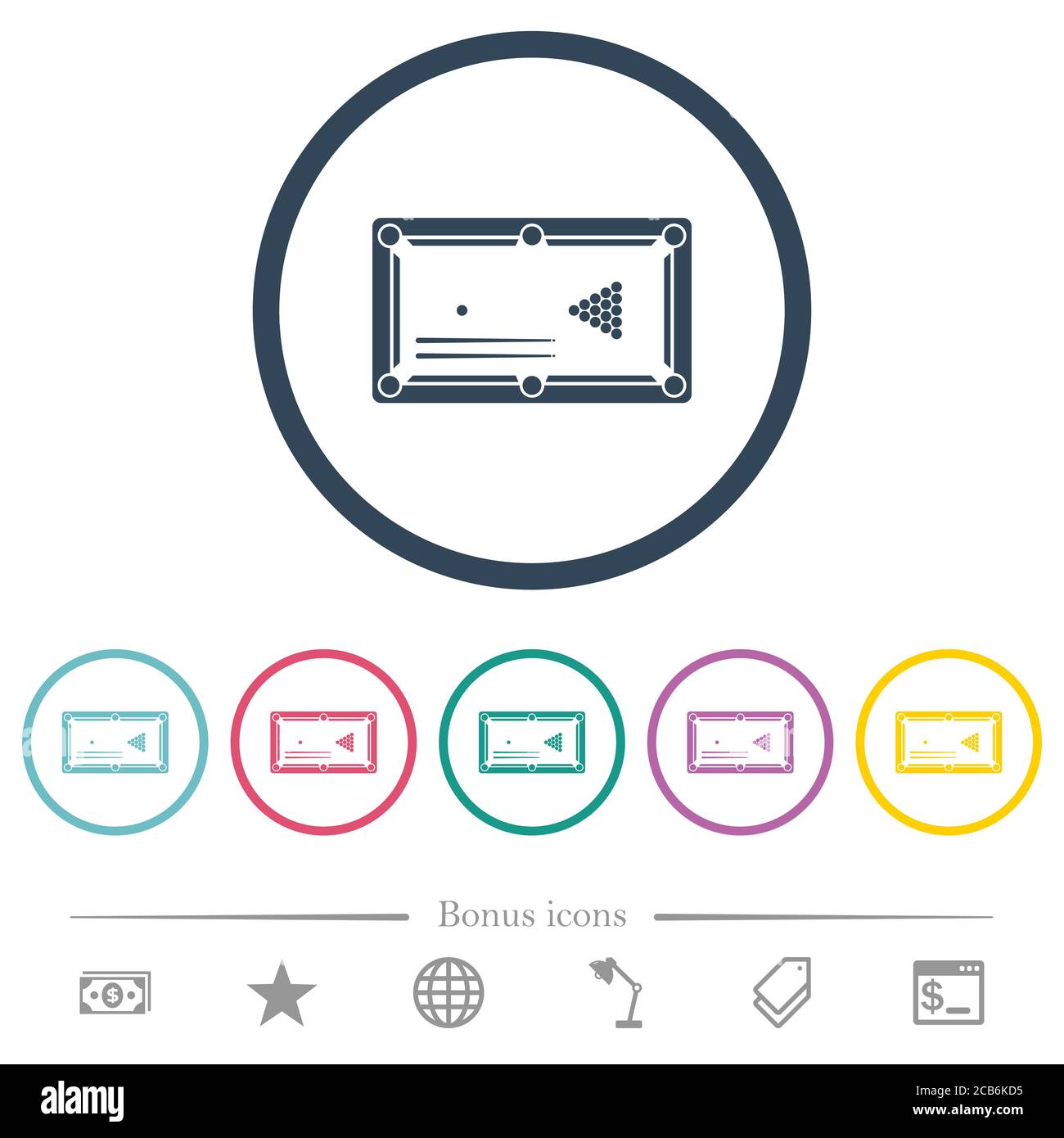 Billiard game with balls and cues flat color icons in round outlines. 6 ...