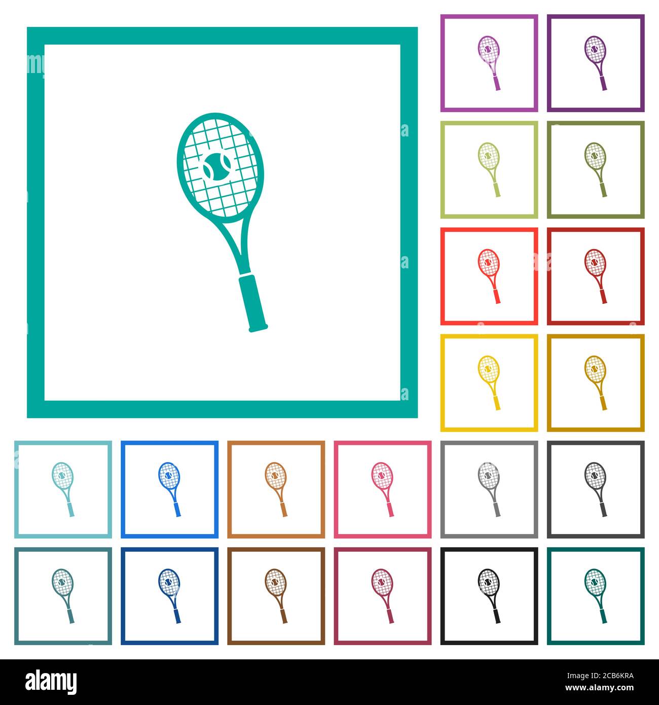 Tennis racket with ball flat color icons with quadrant frames on white ...