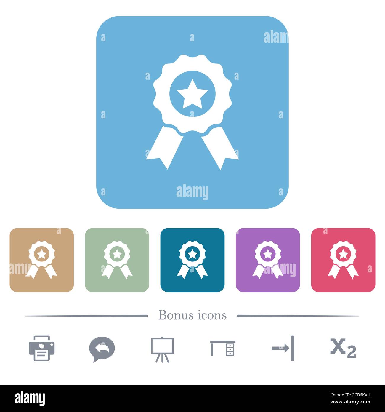 Award with ribbons white flat icons on color rounded square backgrounds ...