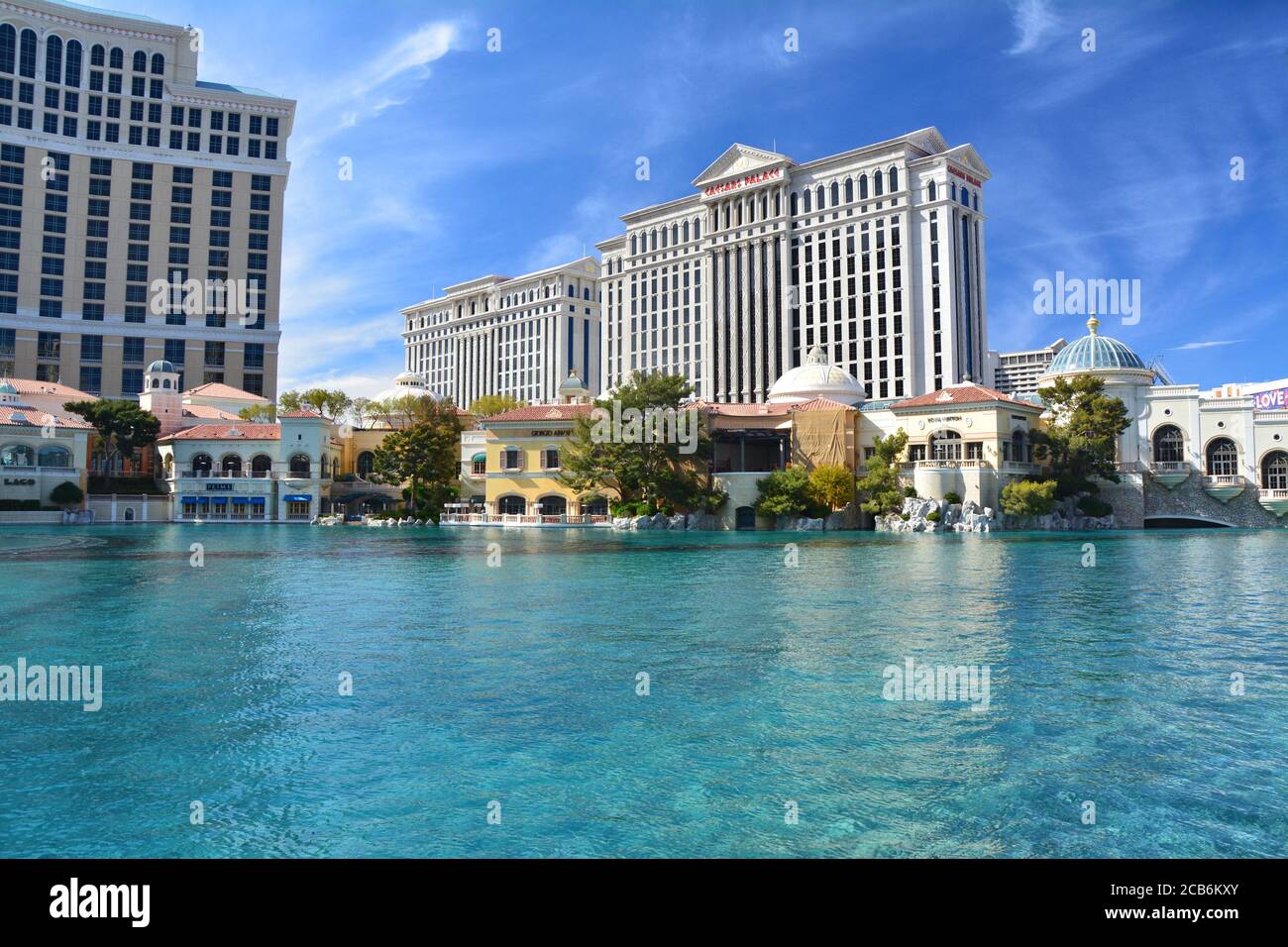 LAS VEGAS, USA - MARCH 18, 2018 : Fountains of Bellagio - Bellagio Hotel & Casino and Caesars Palace in the background. Stock Photo