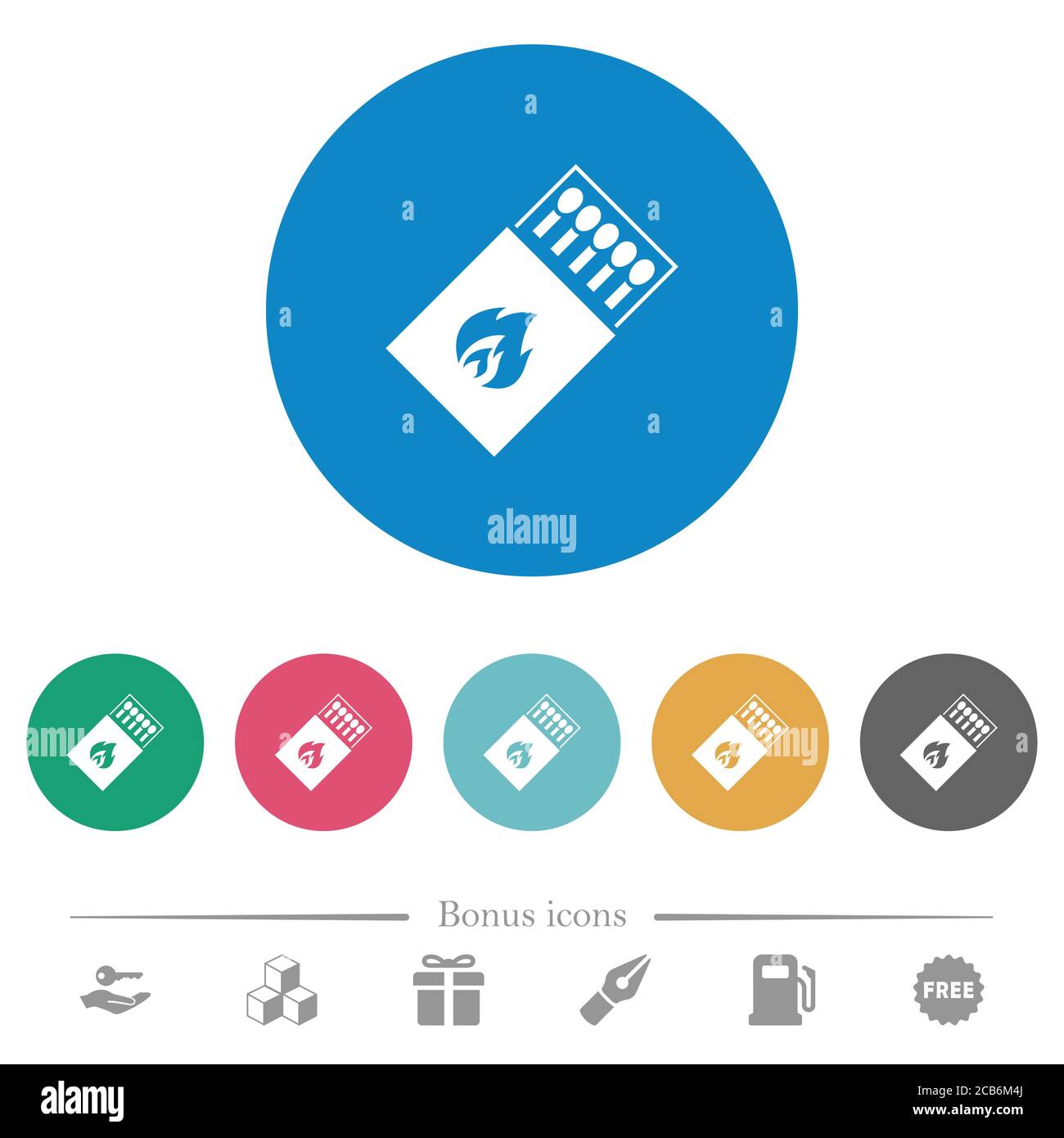 Box of matches flat white icons on round color backgrounds. 6 bonus ...