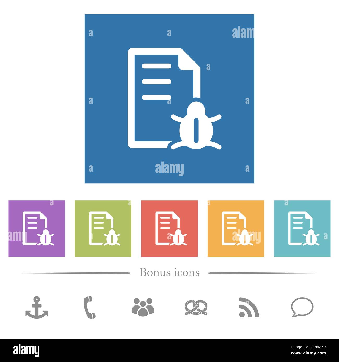 Bug report flat white icons in square backgrounds. 6 bonus icons ...