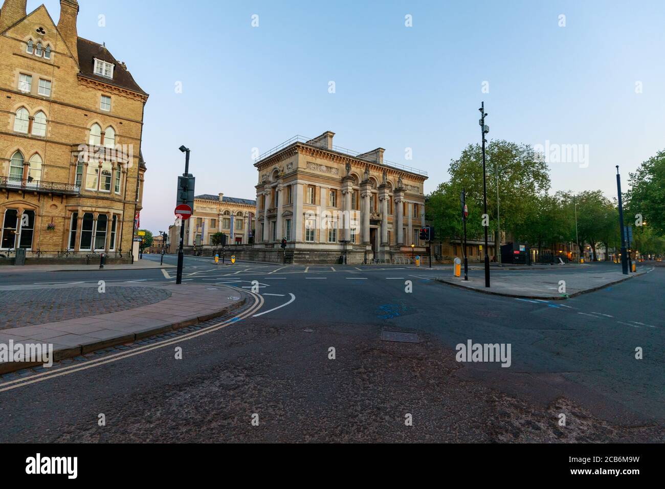 Empty streets of Oxford, St Giles and Beaumont Street, with The Randolph Hotel and The Ashmolean Museum in the background. Early in the morning. Oxfor Stock Photo
