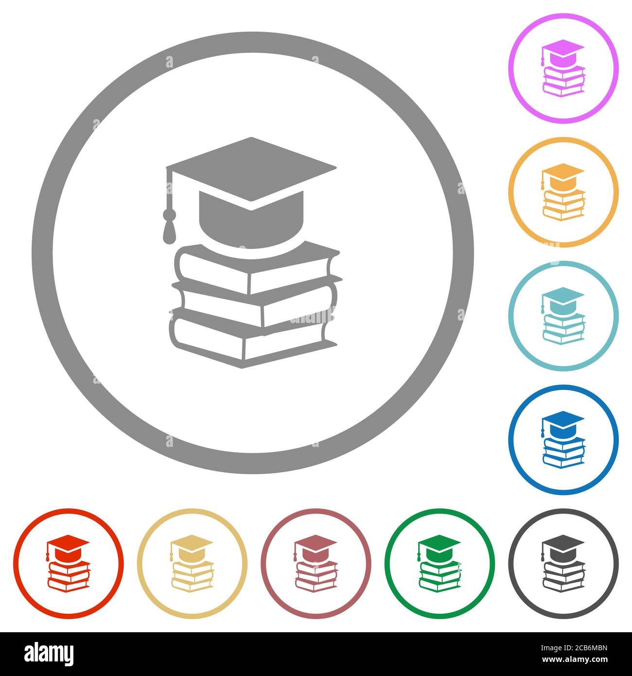 Graduation cap with books flat color icons in round outlines on white ...
