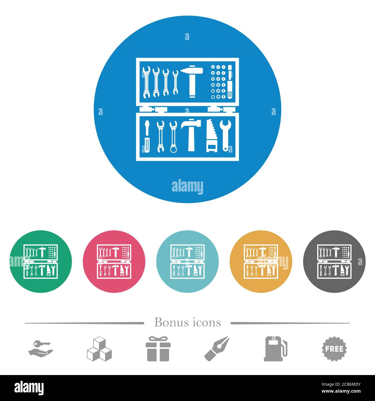 Open toolbox flat white icons on round color backgrounds. 6 bonus icons ...